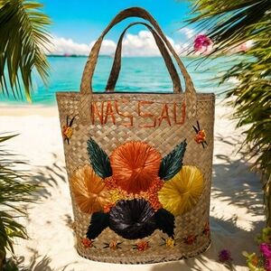 NASSAU Hand Made Straw Flower Double Handle Beach Tote Bag RETRO
